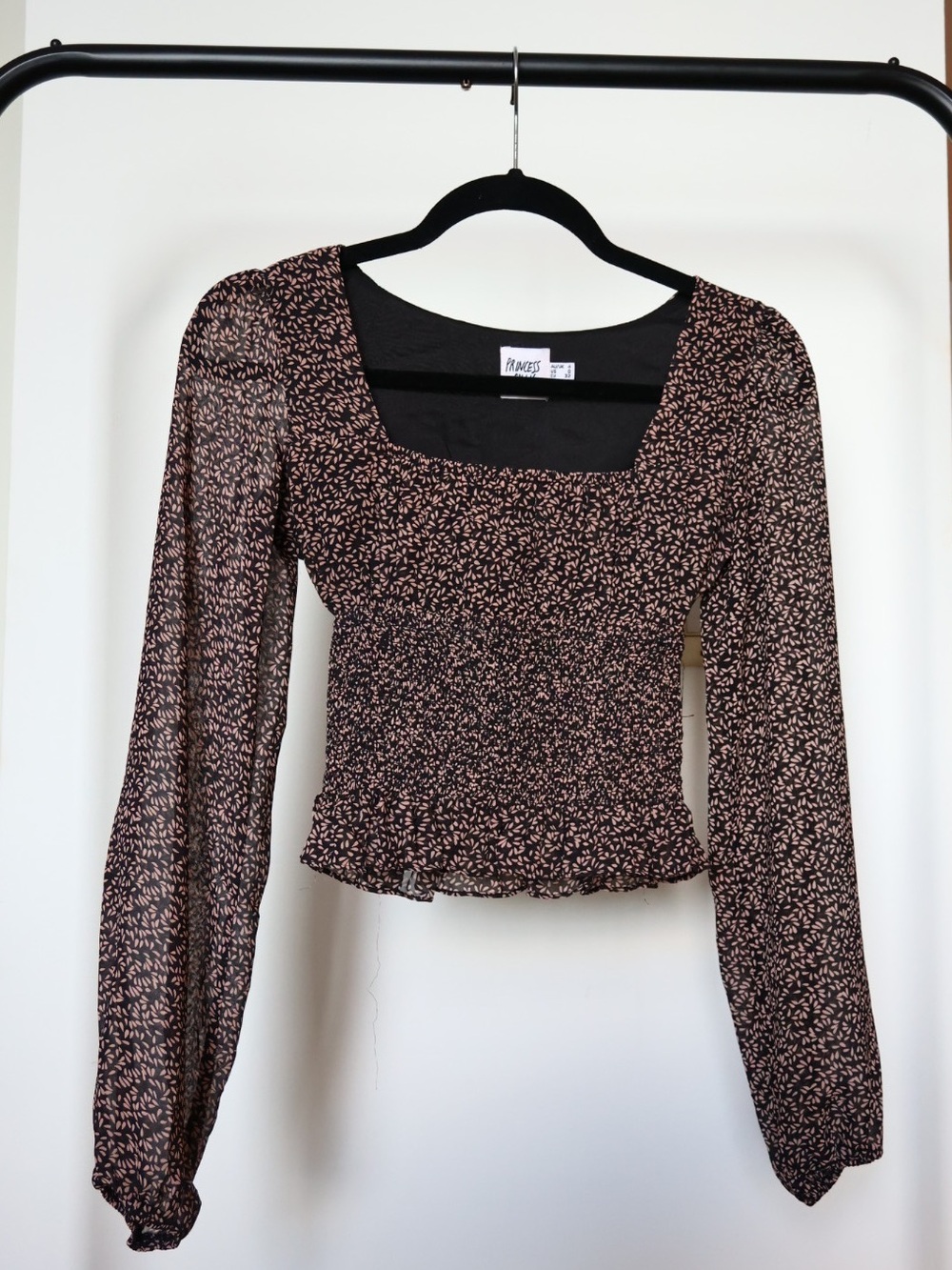 Princess Polly Black Pink Floral Smocked Square-Neck Long Sleeve Top